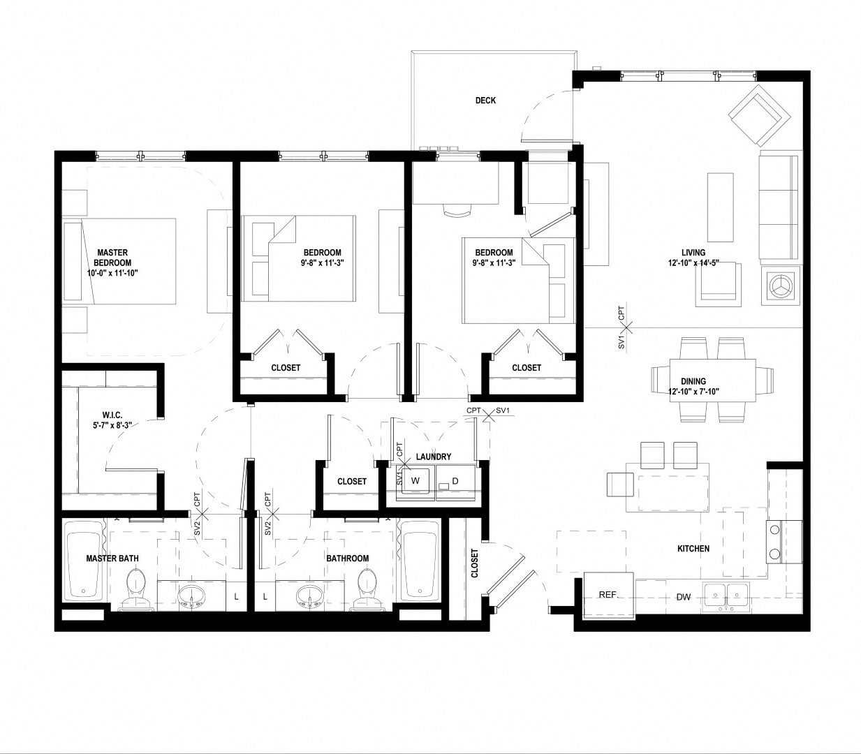 Floor plan for 3 beds, 2 baths, 1294 sqft